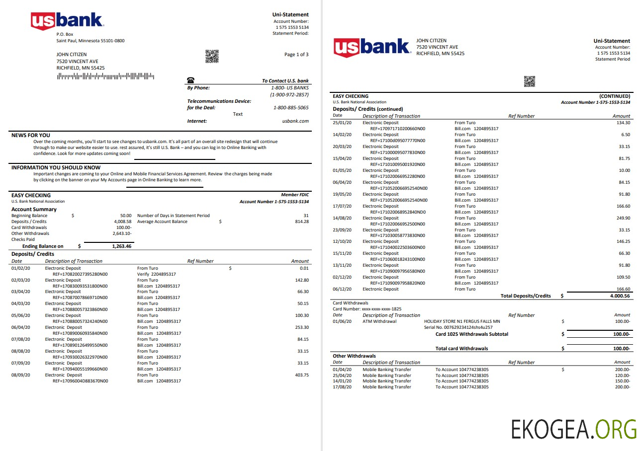 États Unis Relevé bancaire américain 3 pages